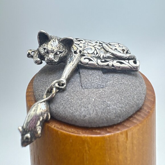 VTG Sterling Silver 925 Cat & Mouse Scroll Design Brooch Size 1.5" Length - Picture 11 of 16